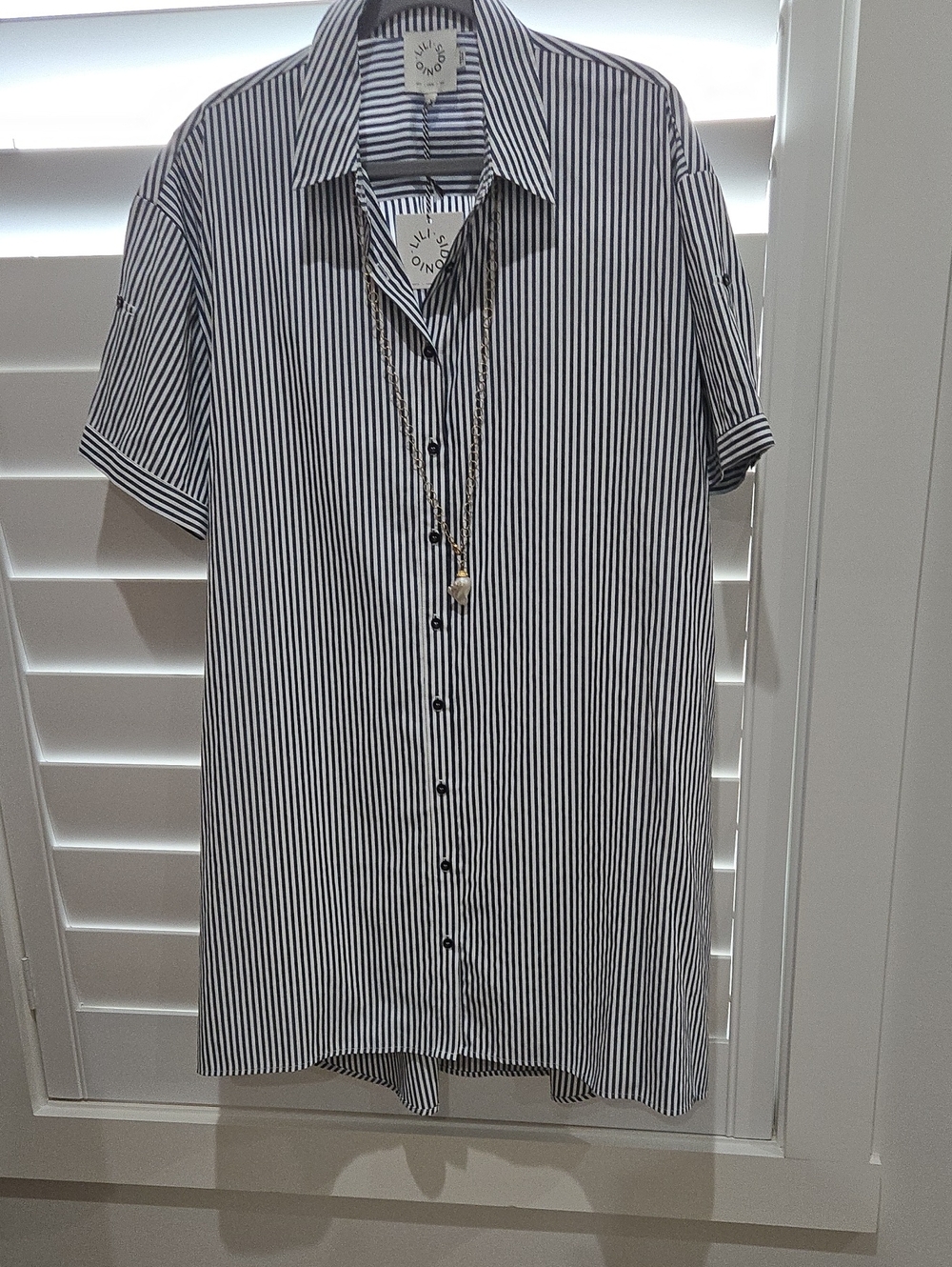 Lili Sidonio Crisp Shirt Dress Navy & White Stripe, Size L, NWT